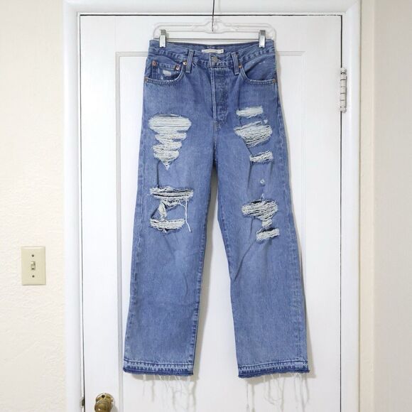 Levi's Ribcage Straight Ankle Light Indigo Destructed Button Fly Jeans Size 28 - Picture 1 of 11